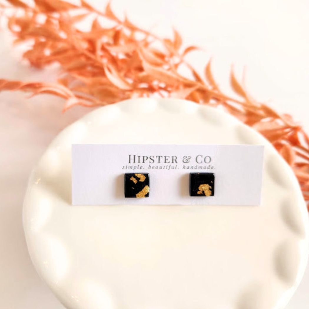 Black and Gold Square Stud Earrings