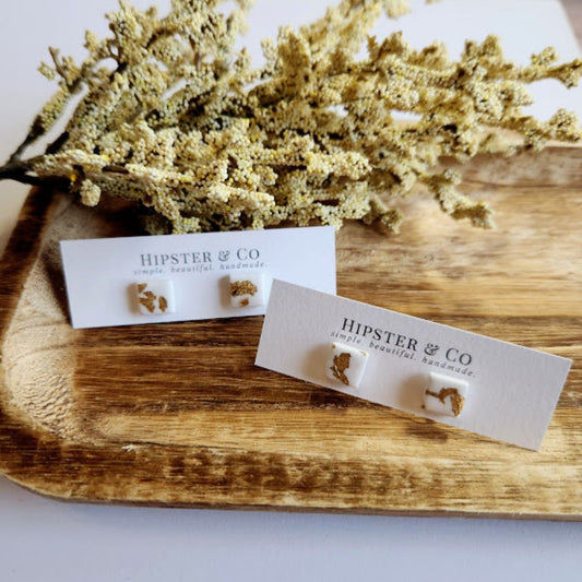 White and Gold Square Stud Earrings