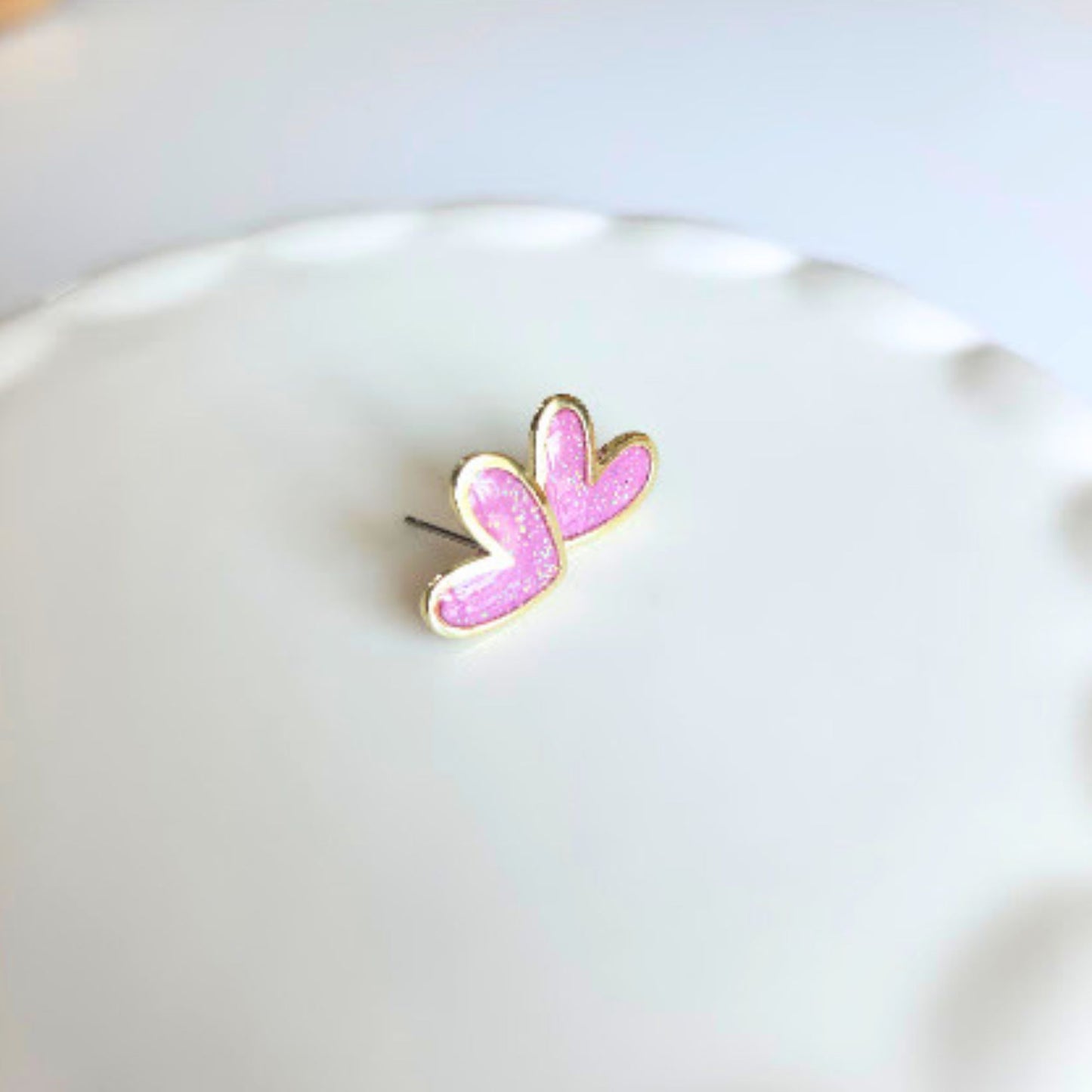 Lavender Glitter Polymer Clay and Brass Heart Stud Earrings