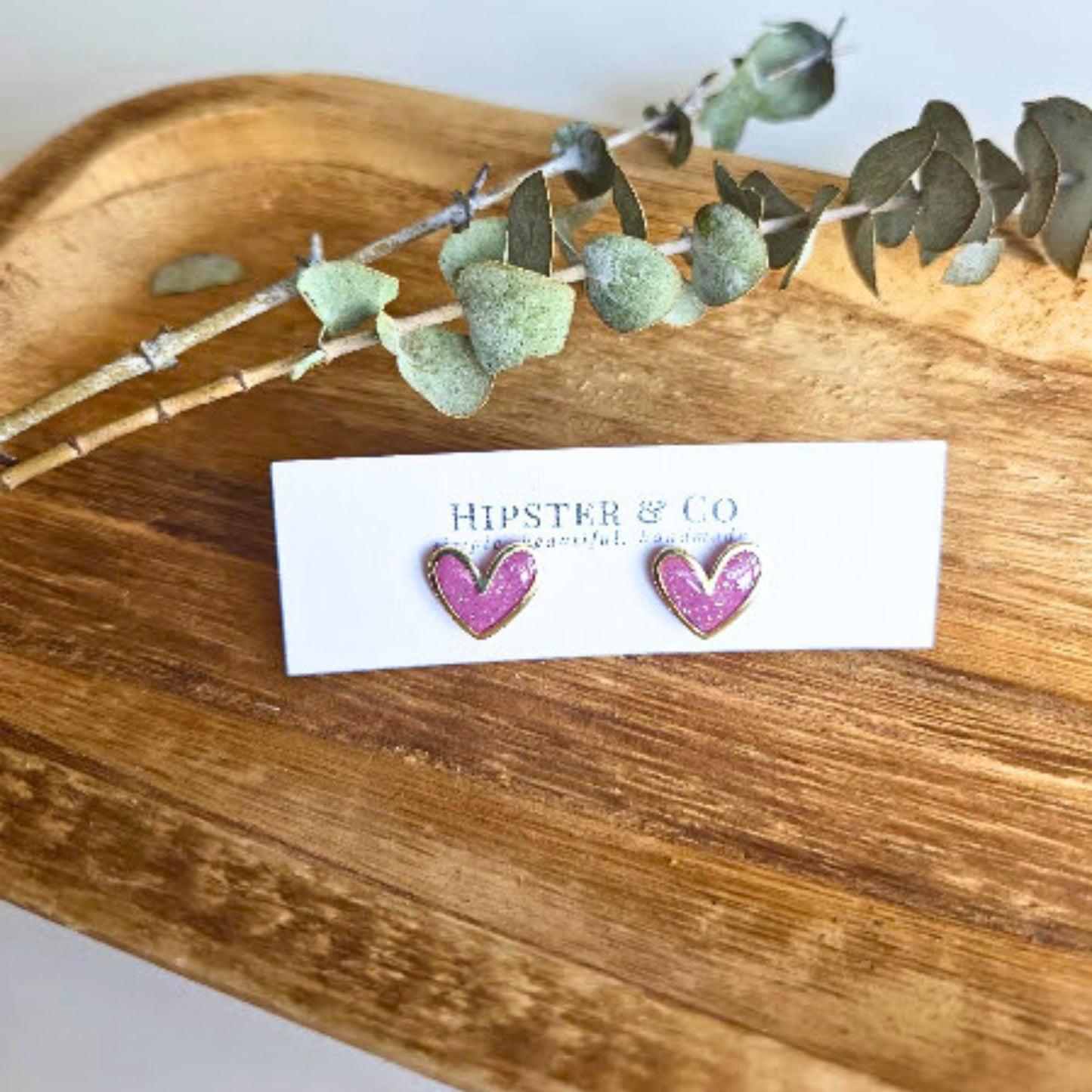 Lavender Glitter Polymer Clay and Brass Heart Stud Earrings