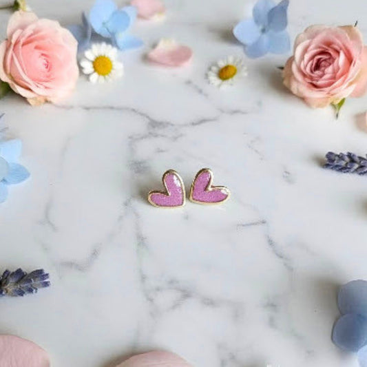 Lavender Glitter Polymer Clay and Brass Heart Stud Earrings