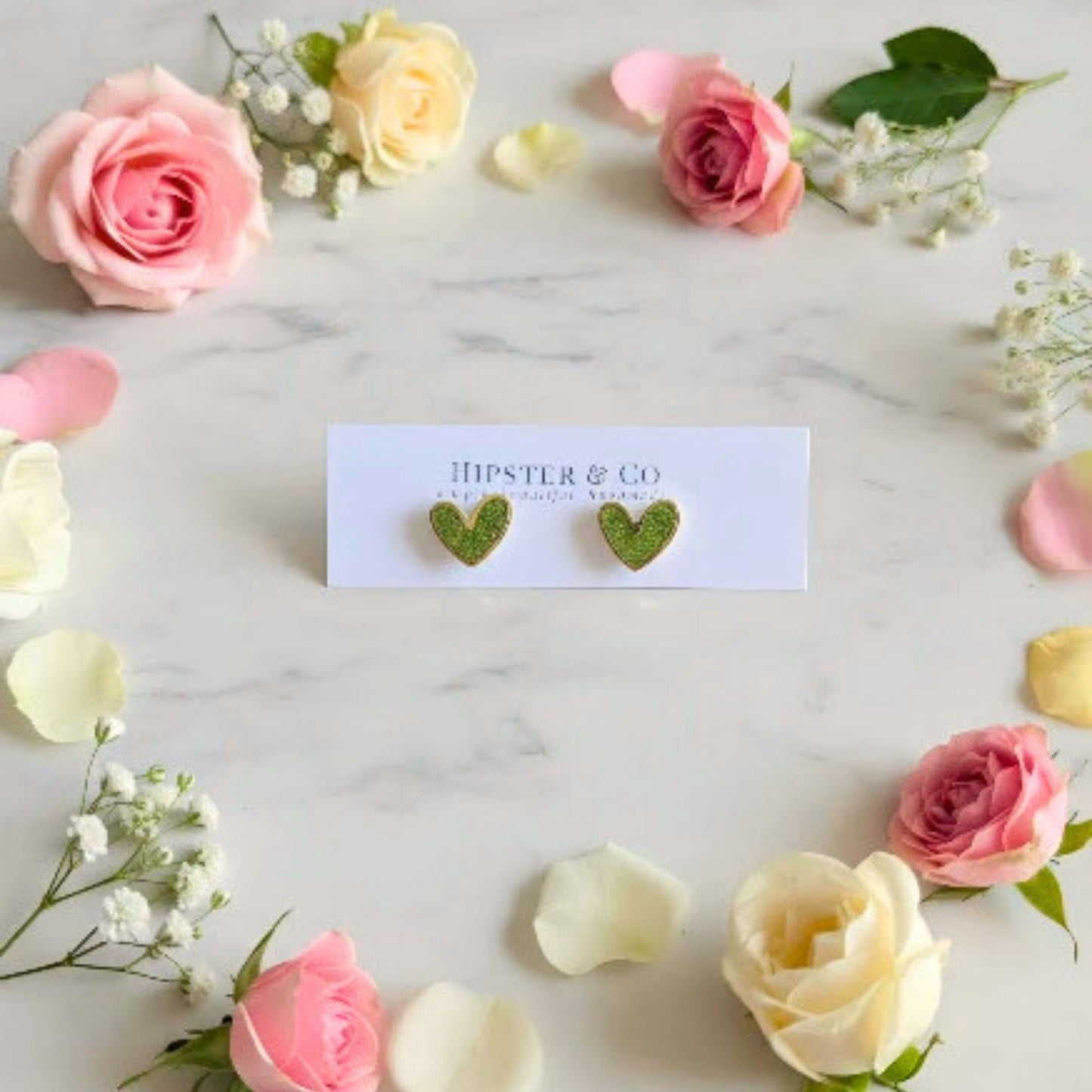 Lime Green Glitter Polymer Clay and Brass Heart Stud Earrings