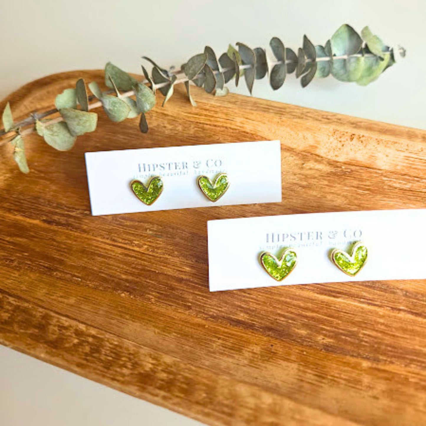 Lime Green Glitter Polymer Clay and Brass Heart Stud Earrings