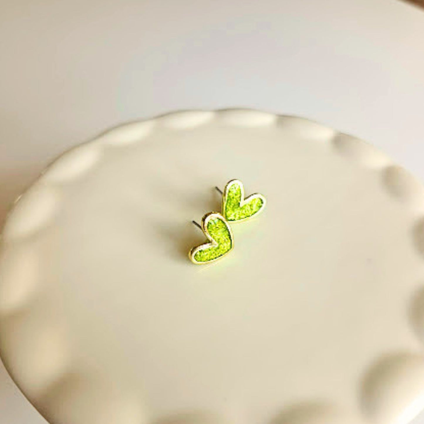 Lime Green Glitter Polymer Clay and Brass Heart Stud Earrings