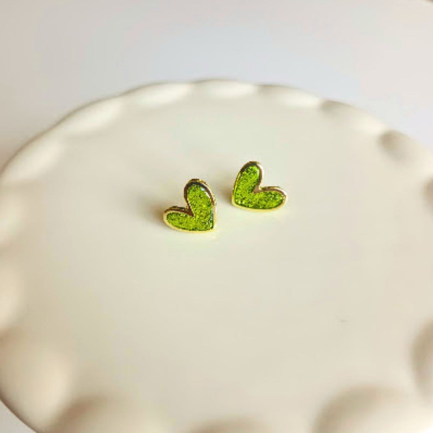 Lime Green Glitter Polymer Clay and Brass Heart Stud Earrings