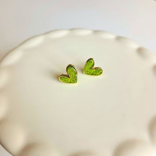 Lime Green Glitter Polymer Clay and Brass Heart Stud Earrings