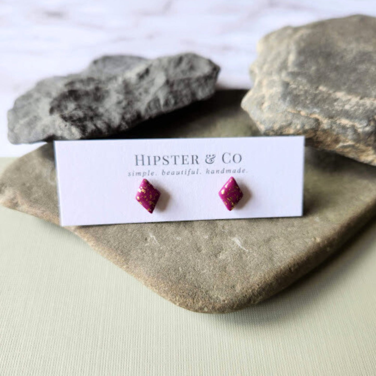 The Marielle Fuchsia and Gold Diamond Shaped Polymer Clay Stud Earrings