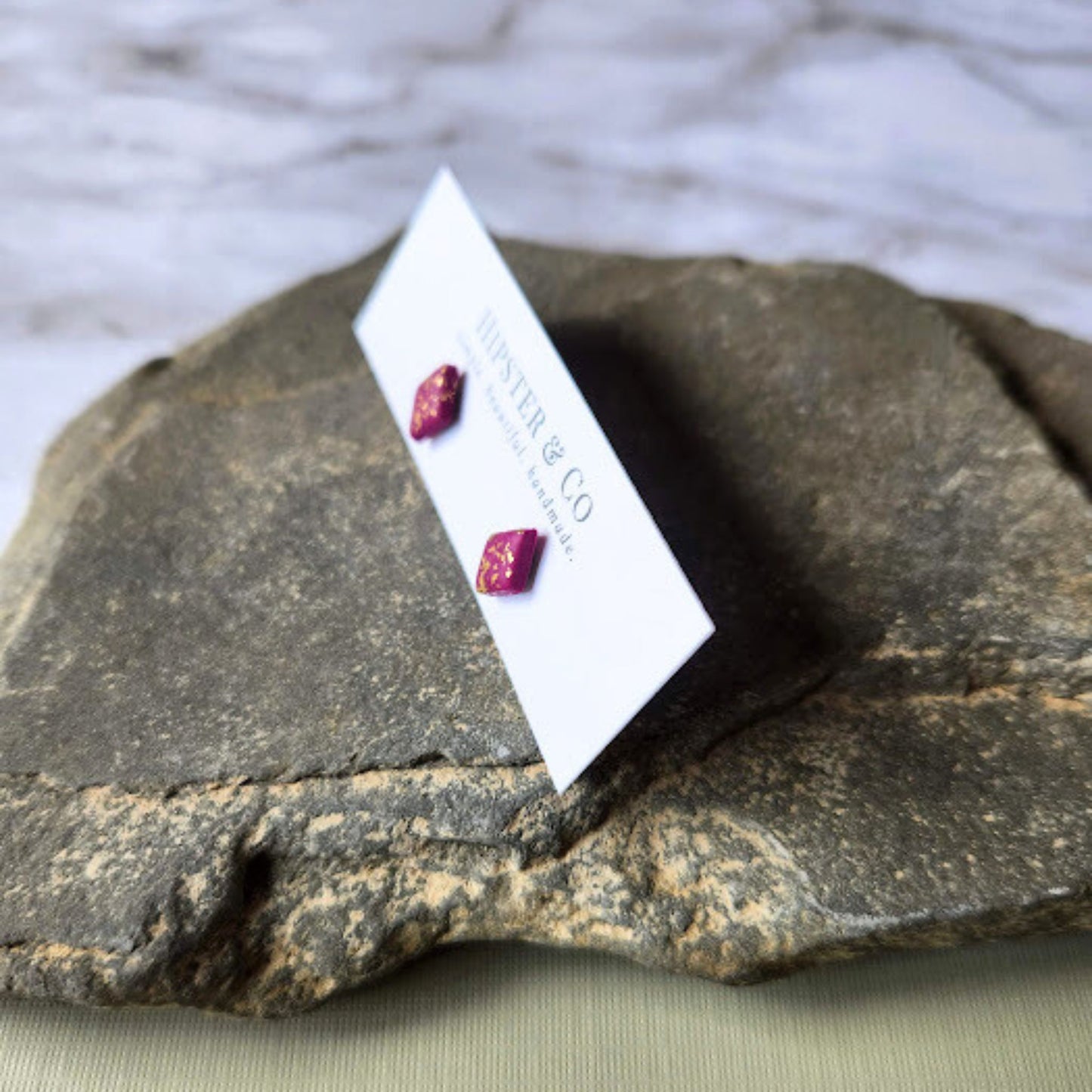 The Marielle Fuchsia and Gold Diamond Shaped Polymer Clay Stud Earrings