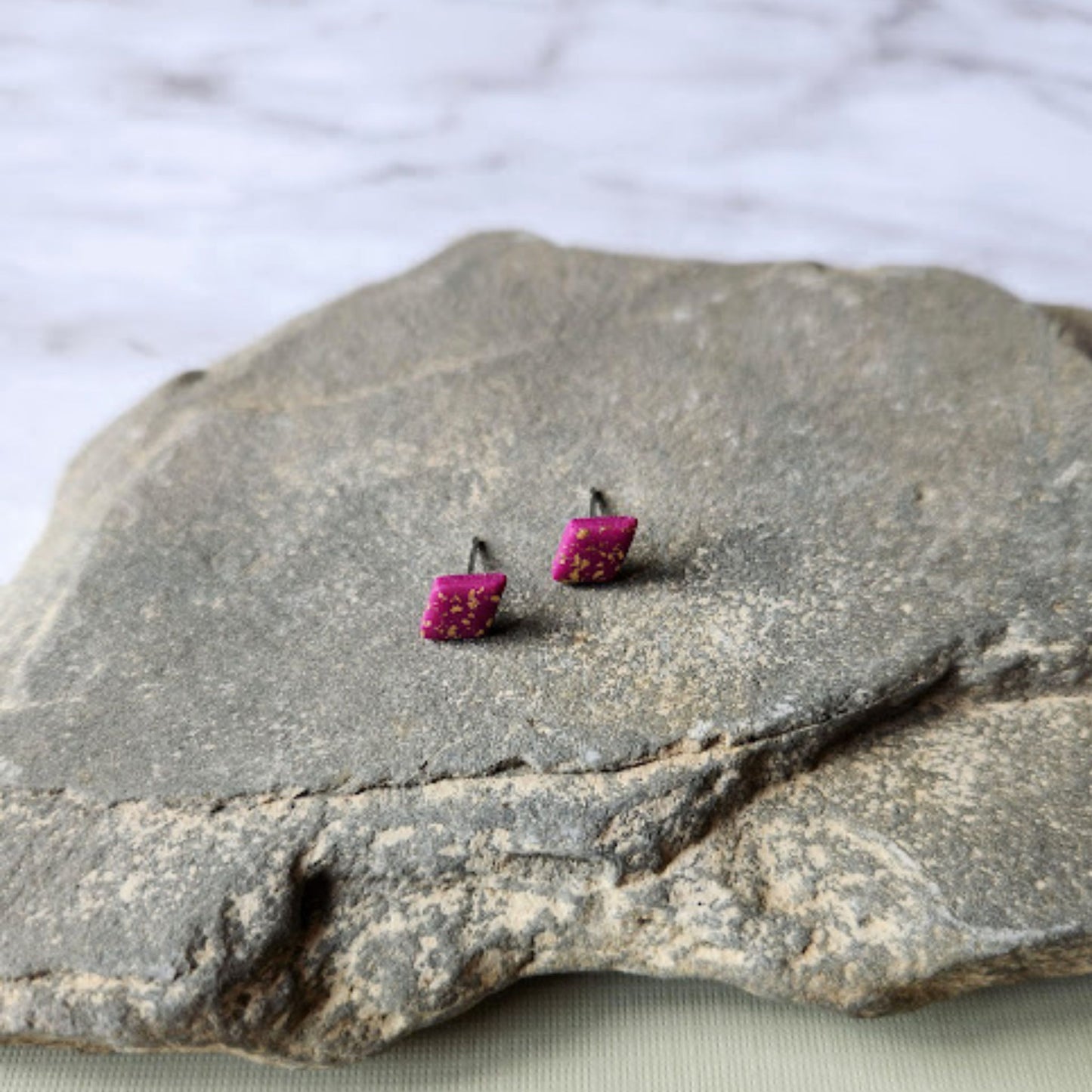 The Marielle Fuchsia and Gold Diamond Shaped Polymer Clay Stud Earrings