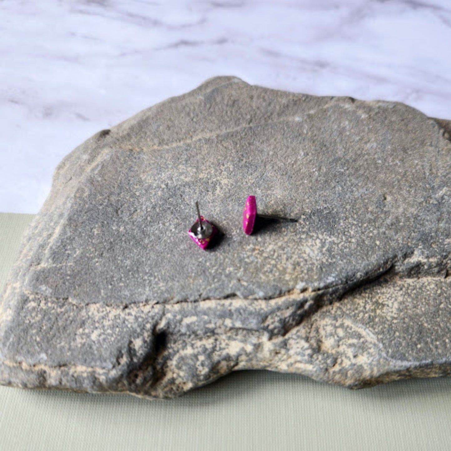 The Marielle Fuchsia and Gold Diamond Shaped Polymer Clay Stud Earrings