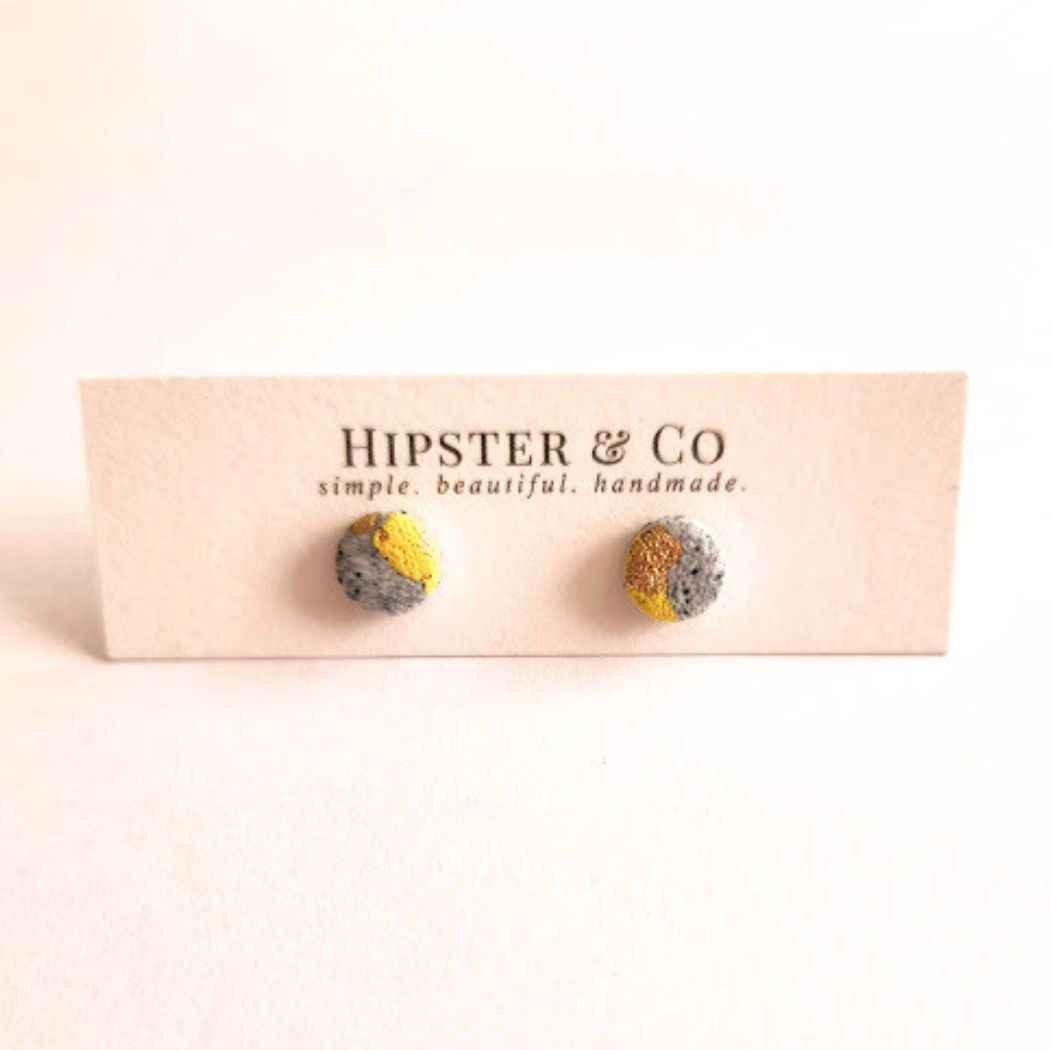 Grey, Yellow, and Gold Round Stud Polymer Clay Earrings