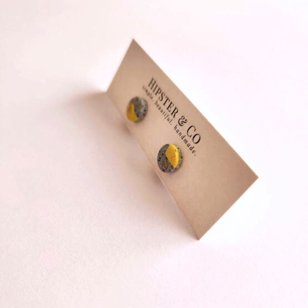 Grey, Yellow, and Gold Round Stud Polymer Clay Earrings