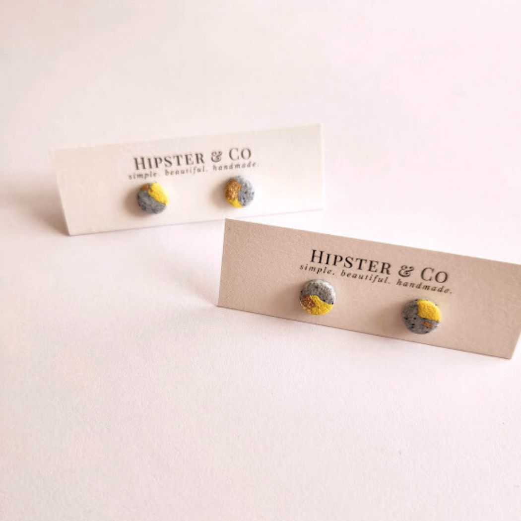 Grey, Yellow, and Gold Round Stud Polymer Clay Earrings