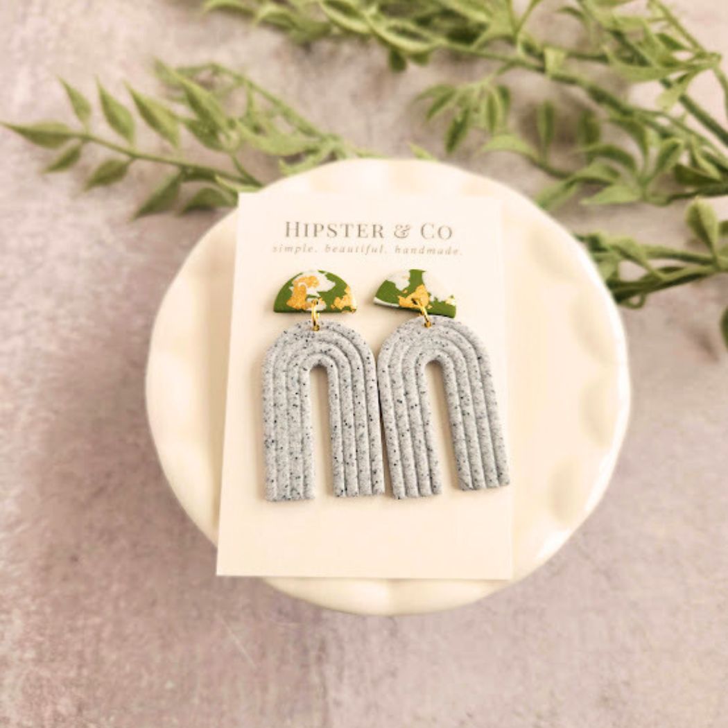 Geometric Polymer Clay Earrings in Grey and Green