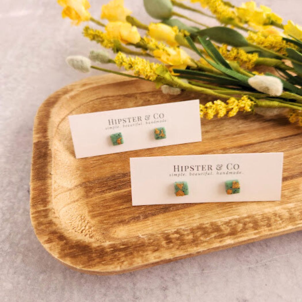 Mint Green Pebble and Gold Square Stud Earrings