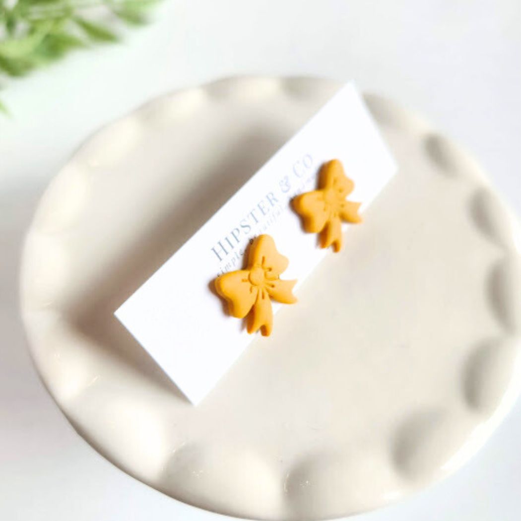 Mustard Yellow Bow Polymer Clay Stud Earrings