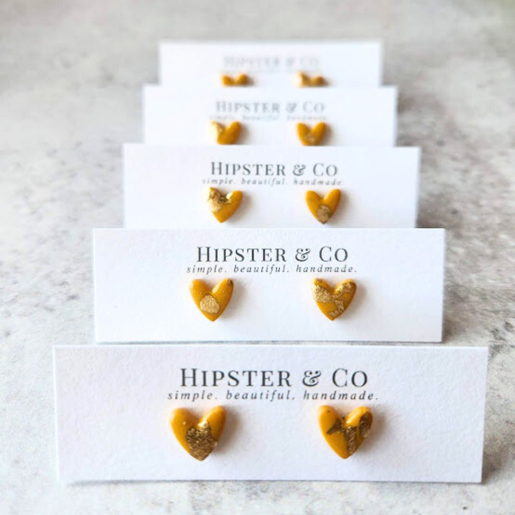 Mustard Yellow and Gold Heart Stud Earrings