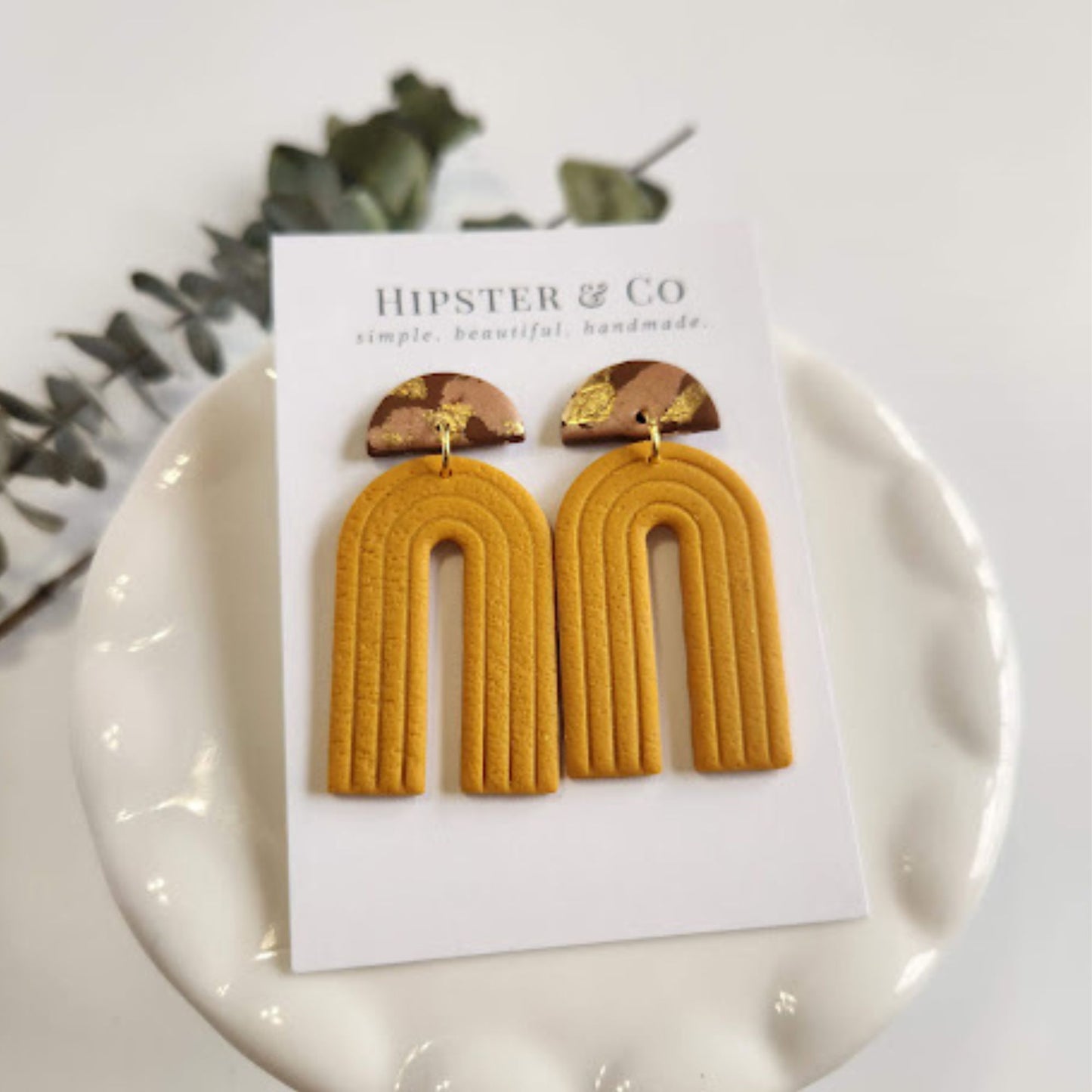Brown and Mustard Geometric Arch Handmade Earrings