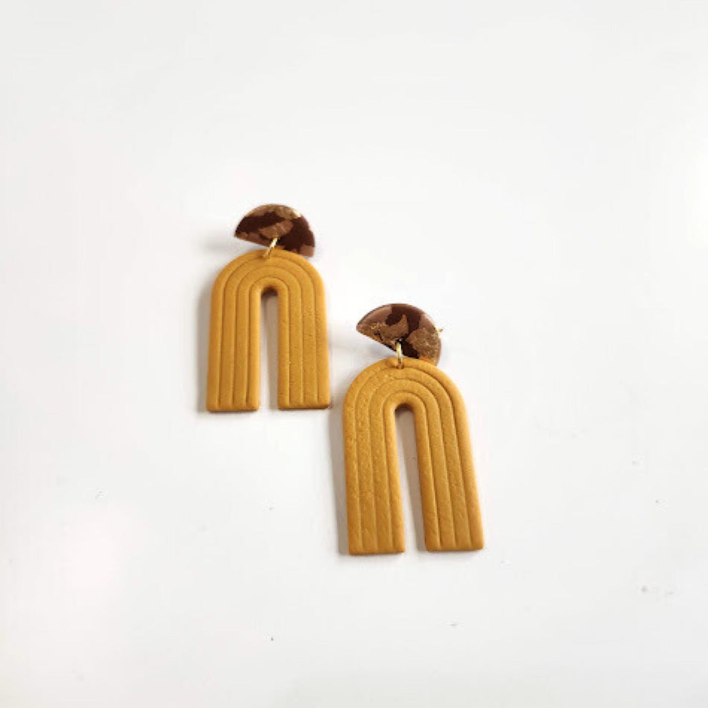 Brown and Mustard Clip-on Geometric Arch Handmade Earrings