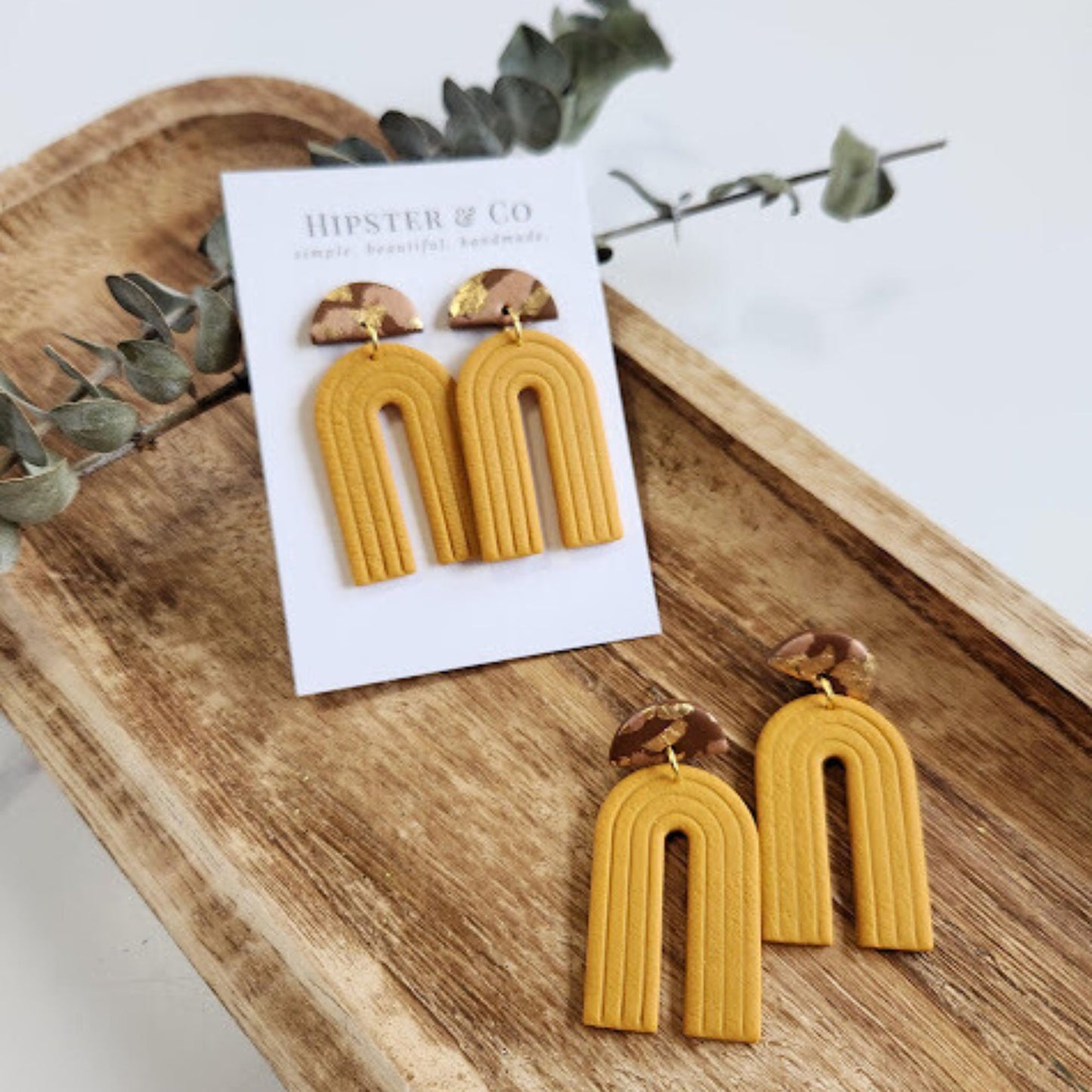 Brown and Mustard Clip-on Geometric Arch Handmade Earrings