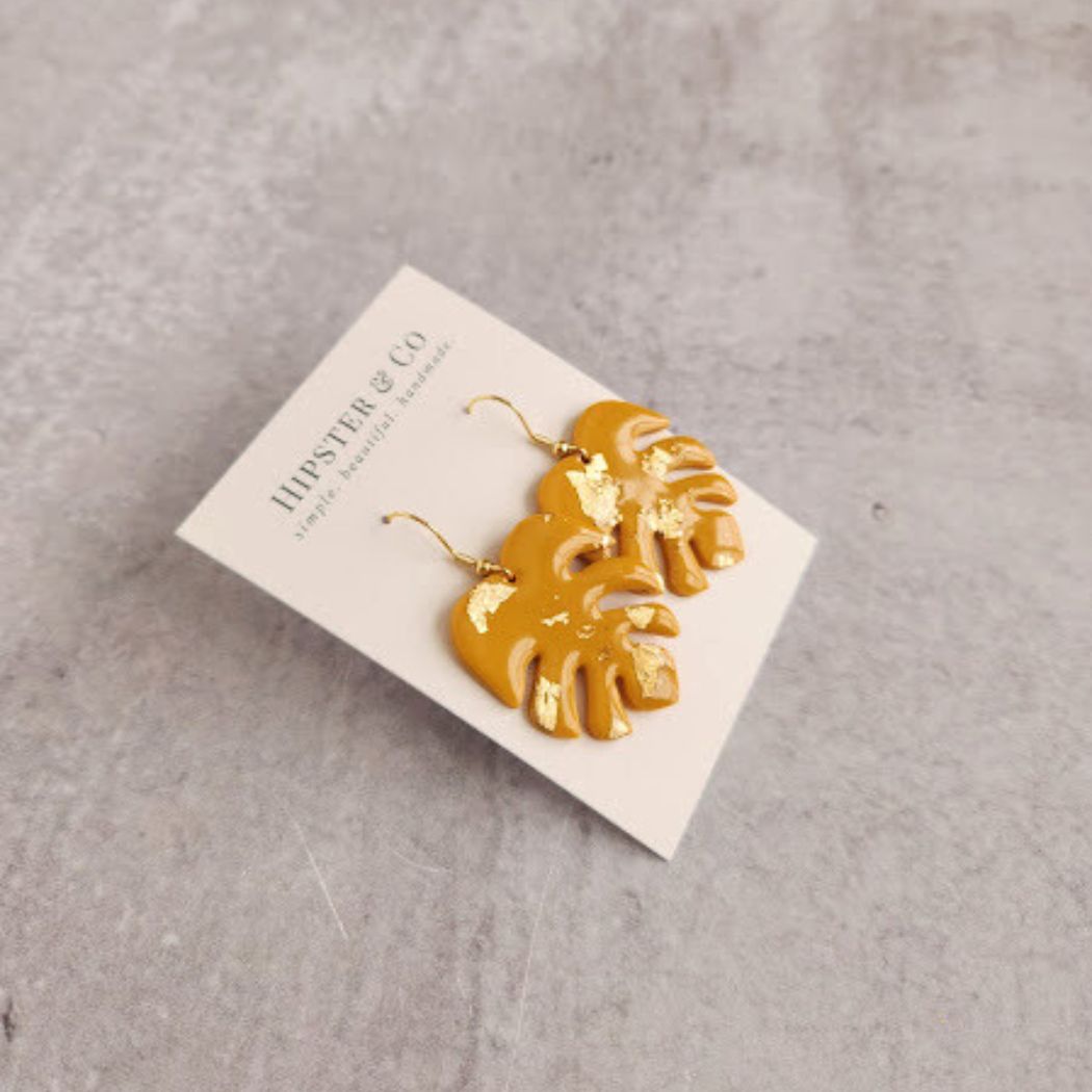 Mustard Yellow Monstera Leaf Earrings