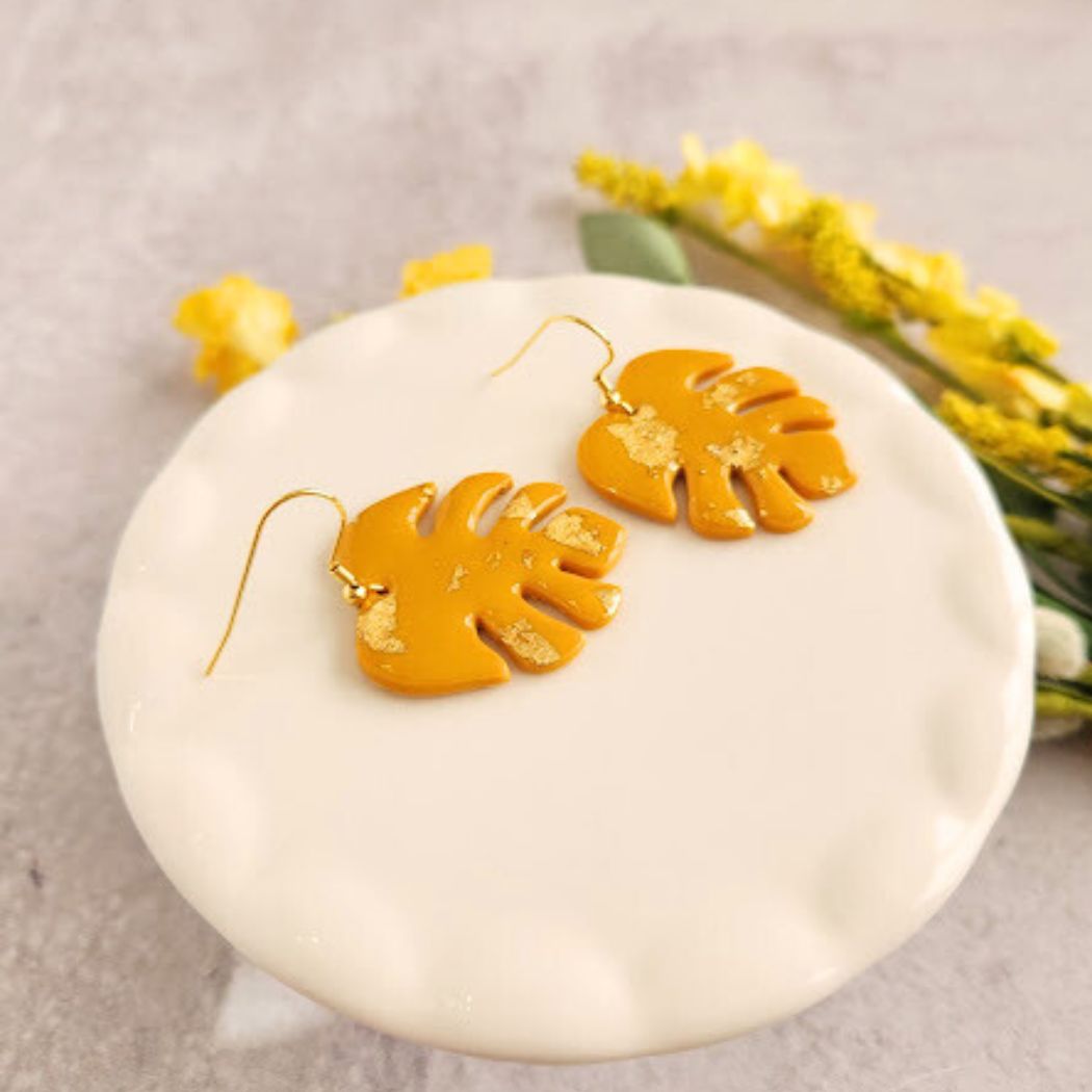 Mustard Yellow Monstera Leaf Earrings