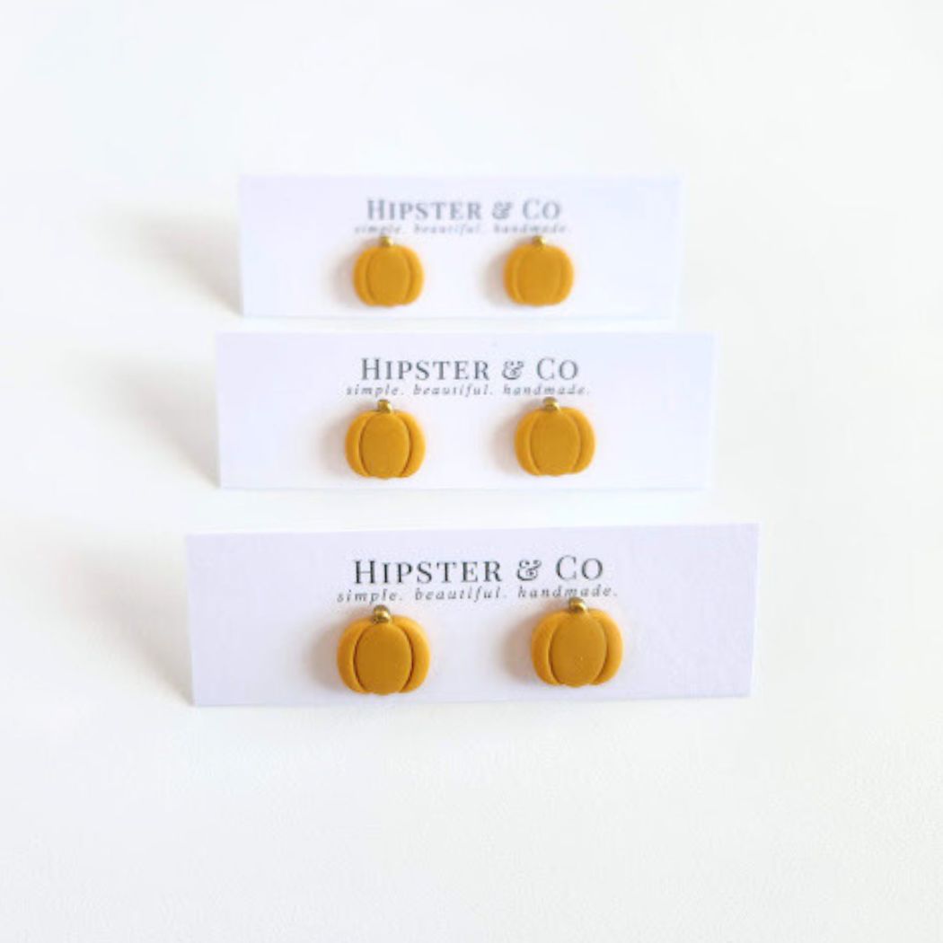 Mustard Yellow Pumpkin Polymer Clay Stud Earrings