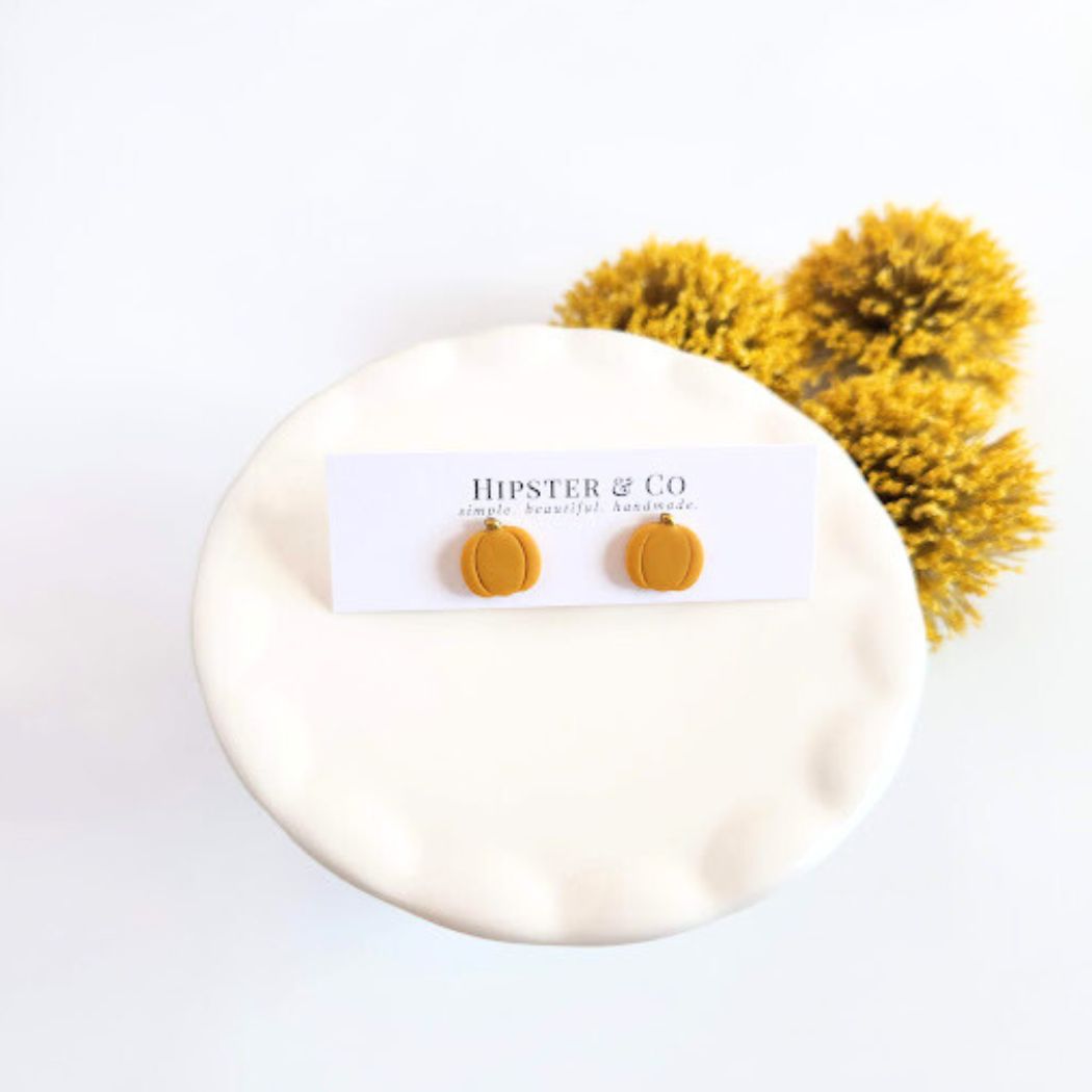 Mustard Yellow Pumpkin Polymer Clay Stud Earrings