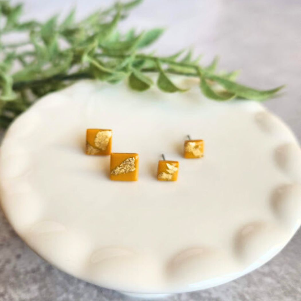 Mustard Yellow and Gold Square Stud Earrings