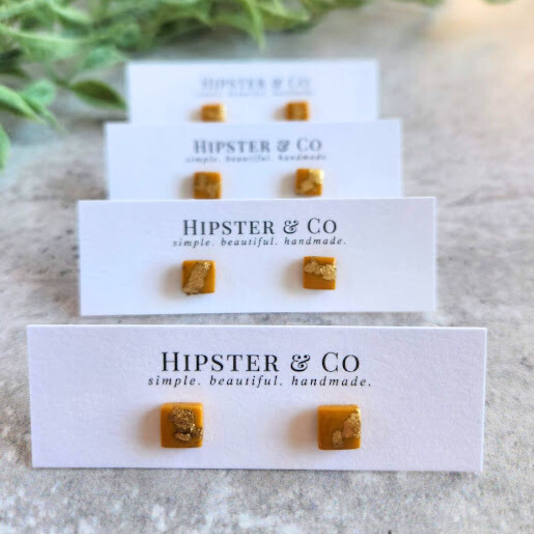 Mustard Yellow and Gold Square Stud Earrings