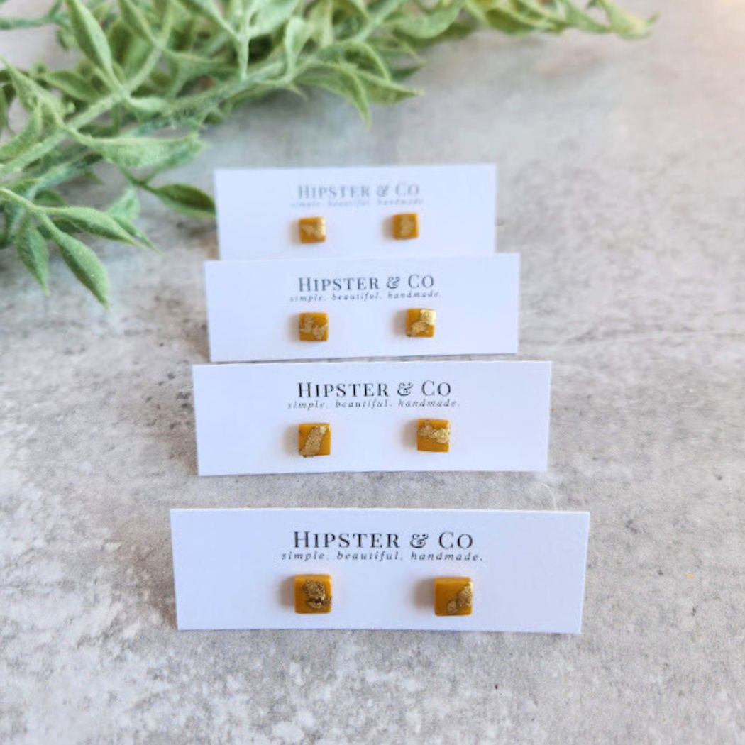 Mustard Yellow and Gold Square Stud Earrings