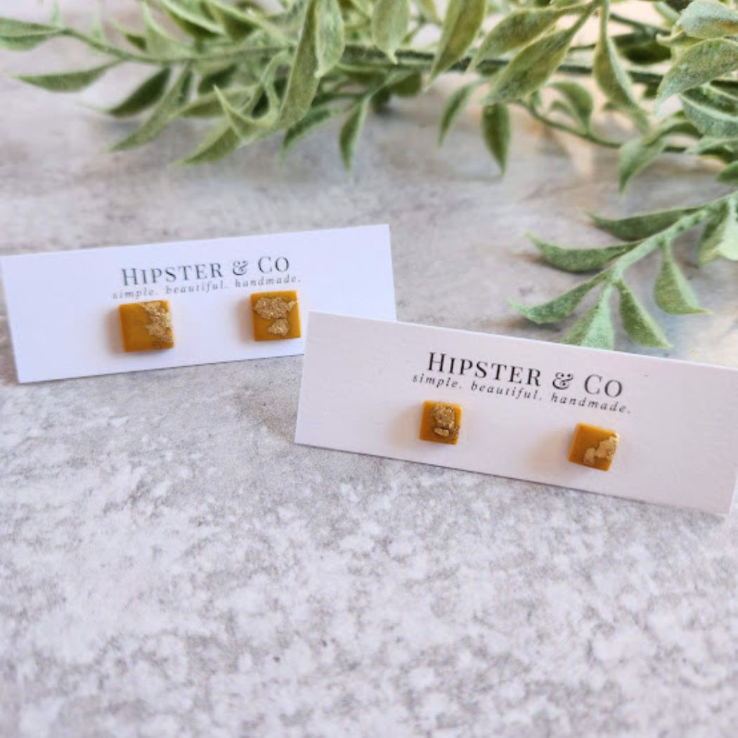 Mustard Yellow and Gold Square Stud Earrings