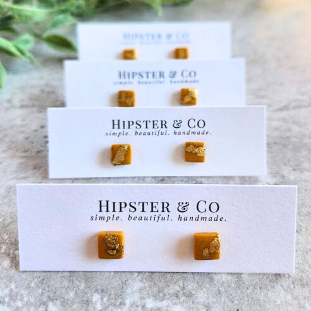 Mustard Yellow and Gold Square Stud Earrings