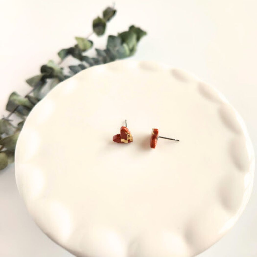 Burnt Orange and Gold Heart Stud Earrings