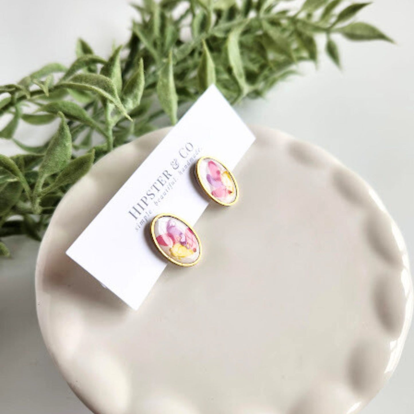 Oval Floral Polymer Clay Stud Earrings