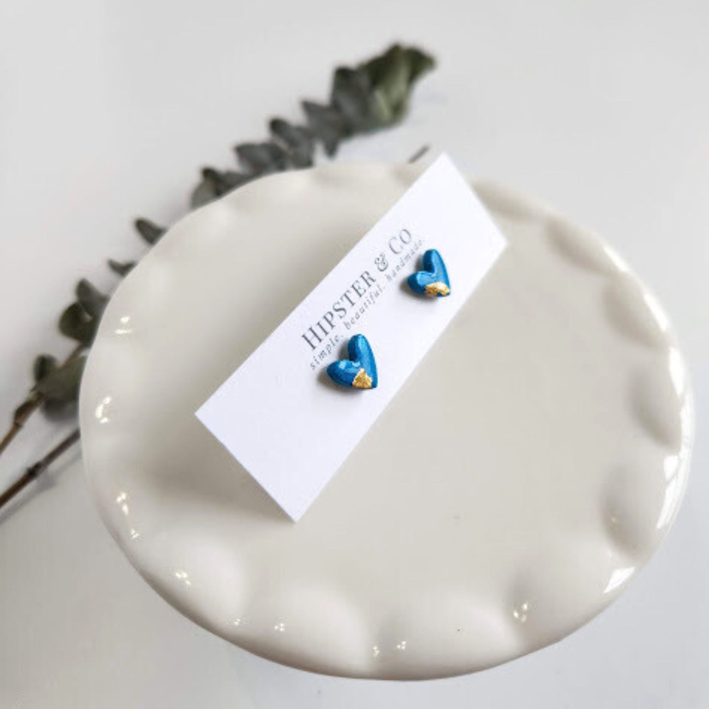 Peacock Blue and Gold Heart Stud Earrings