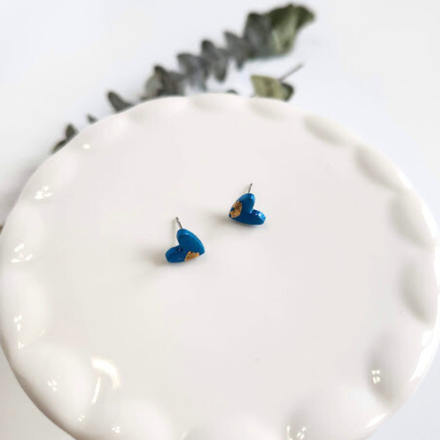 Peacock Blue and Gold Heart Stud Earrings