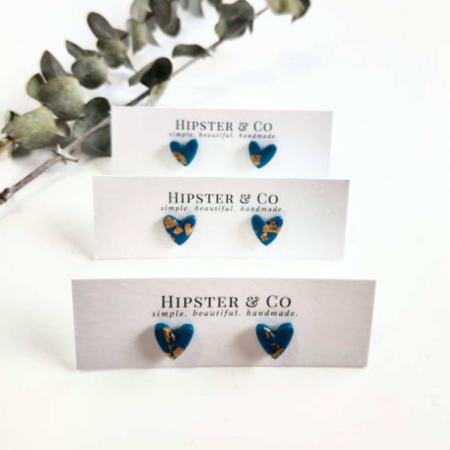Peacock Blue and Gold Heart Stud Earrings