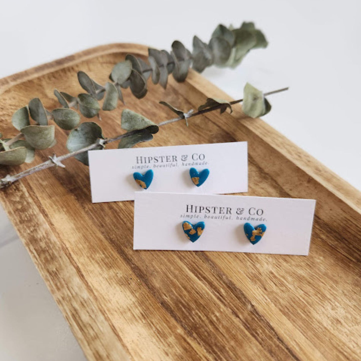Peacock Blue and Gold Heart Stud Earrings