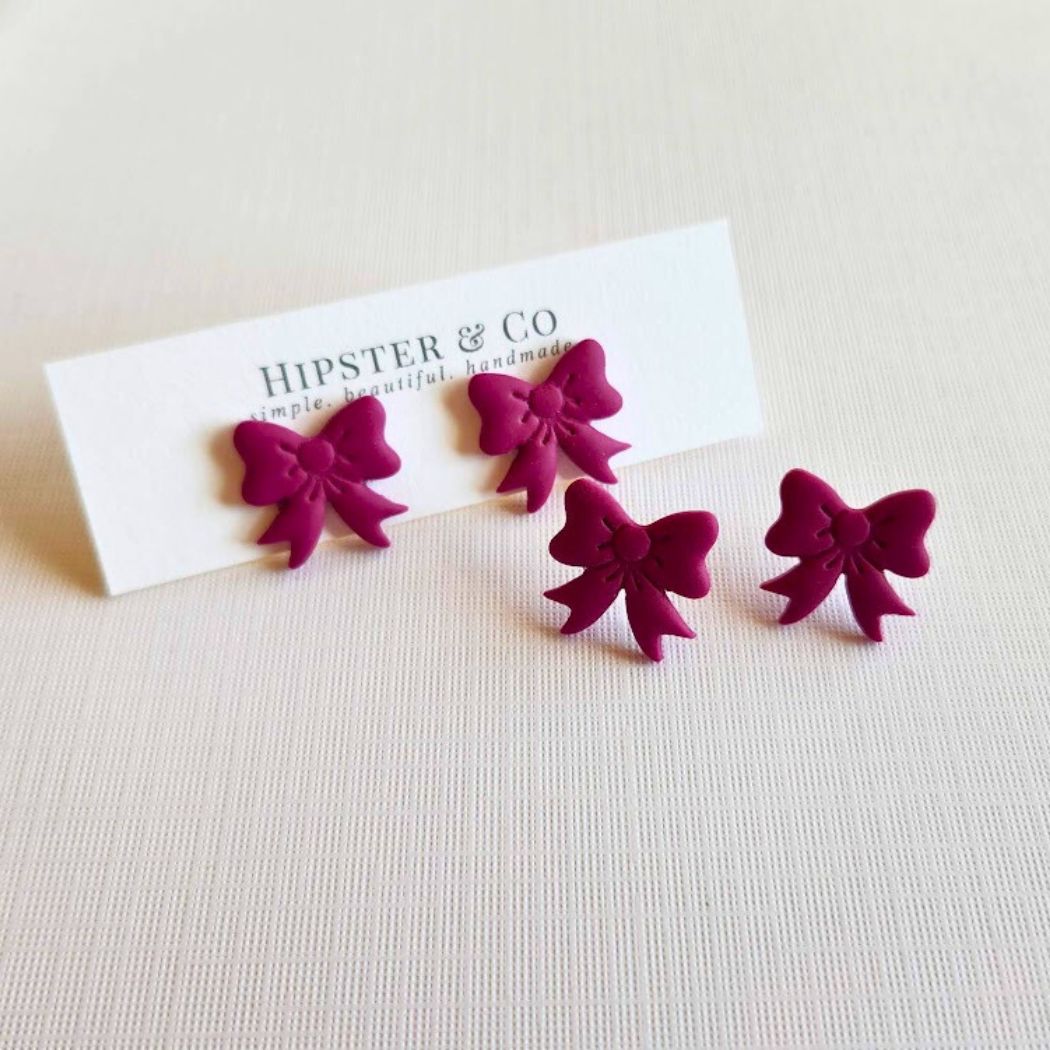 Fuchsia Bow Polymer Clay Stud Earrings