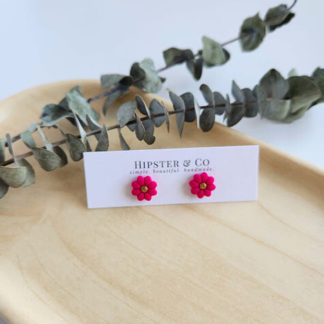 Pink Flower Polymer Clay Stud Earrings