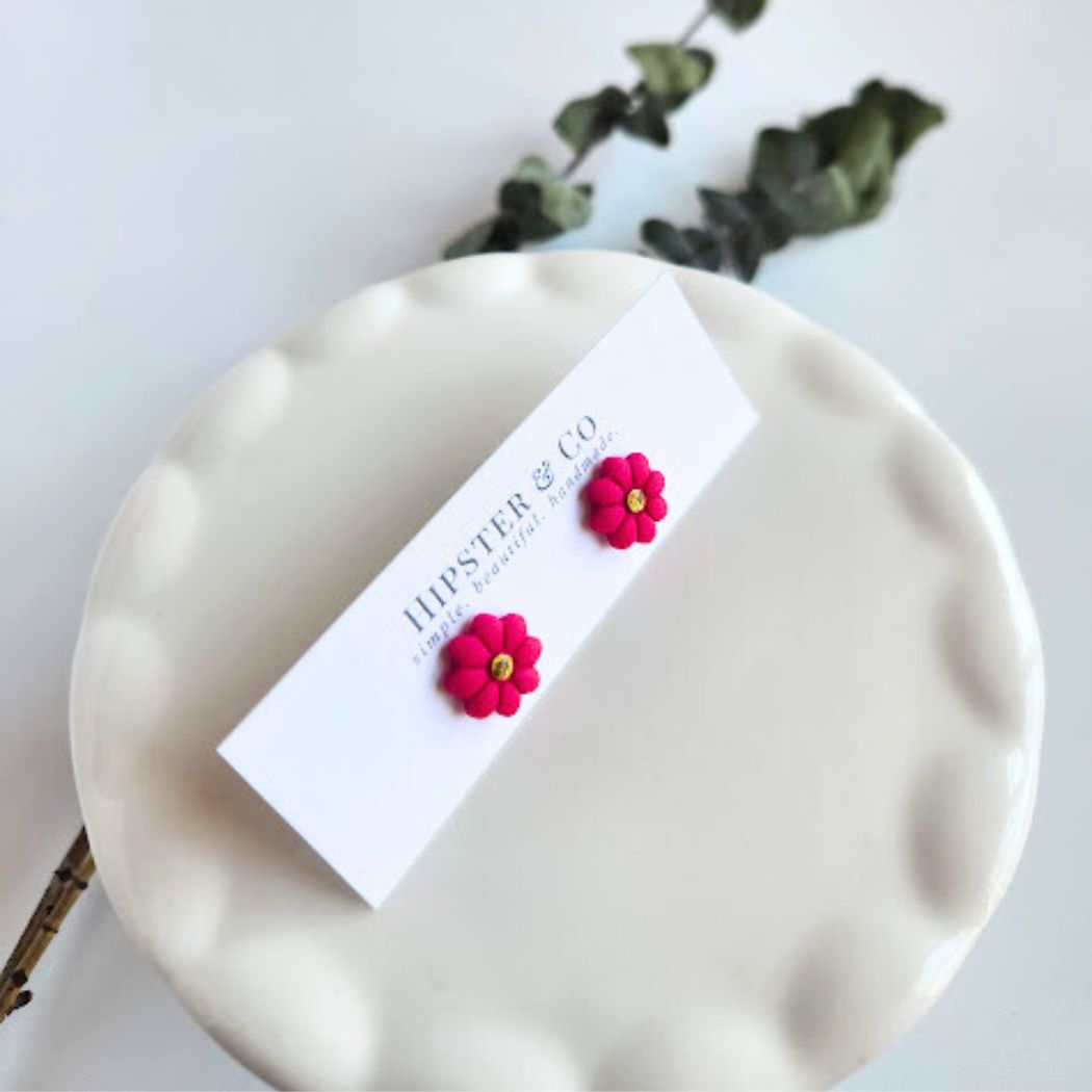 Pink Flower Polymer Clay Stud Earrings
