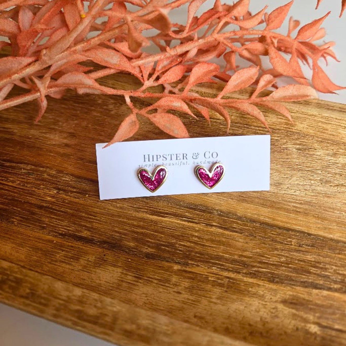 Pink Glitter Polymer Clay and Brass Heart Stud Earrings