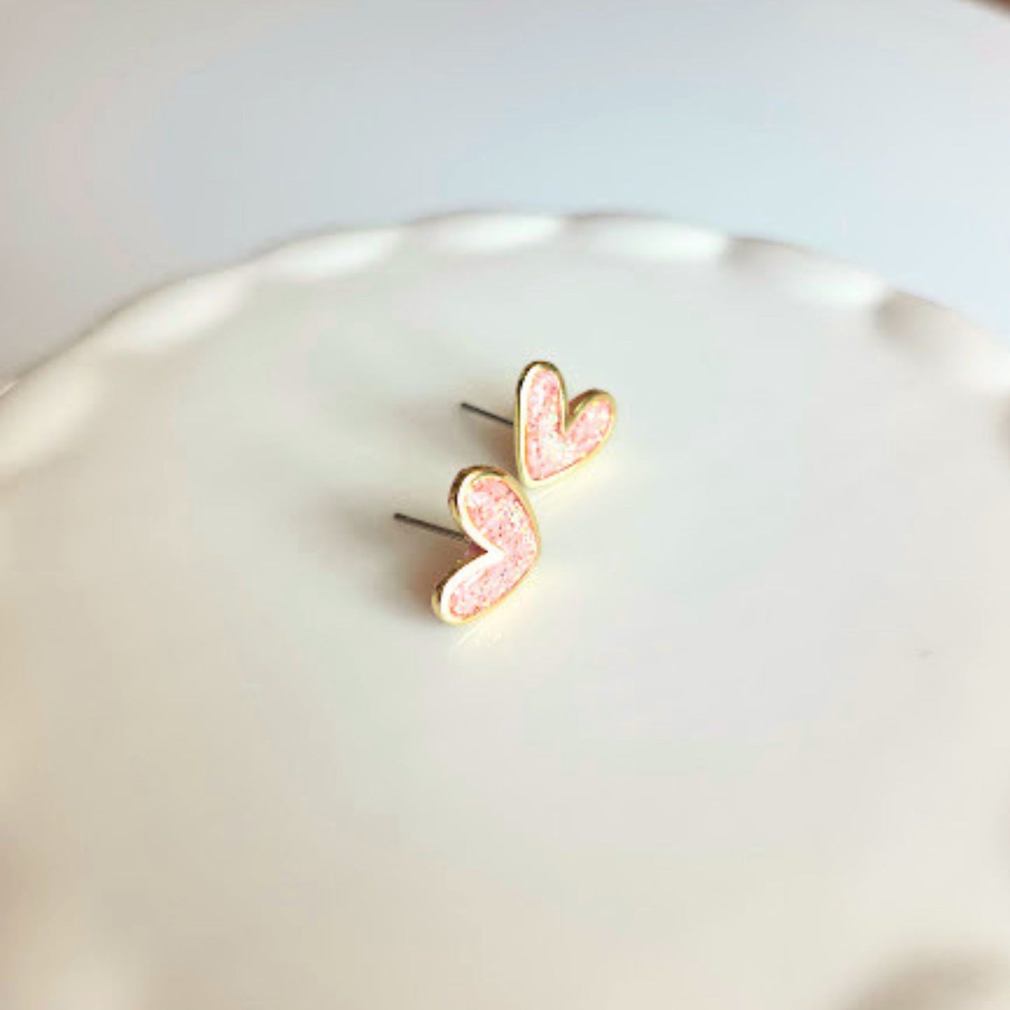 Pink Champagne Glitter Polymer Clay and Brass Heart Stud Earrings
