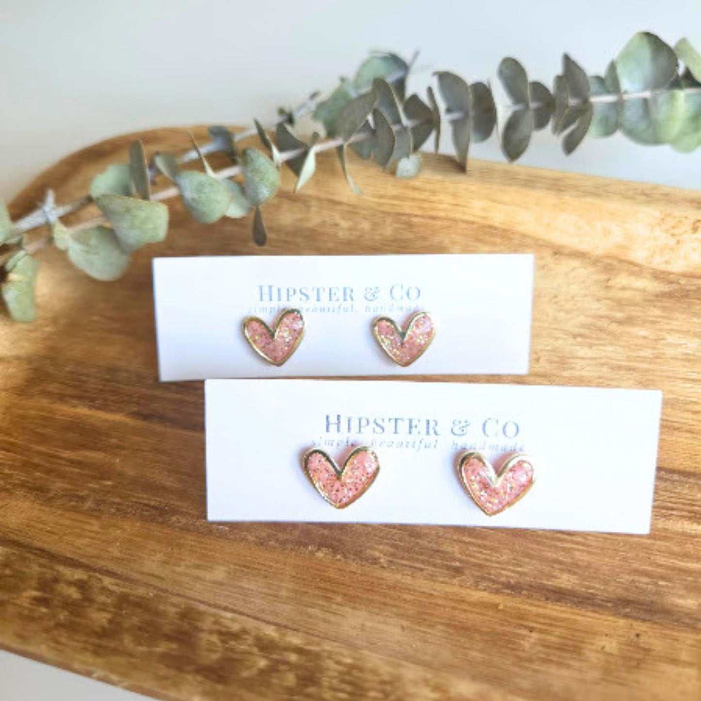 Pink Champagne Glitter Polymer Clay and Brass Heart Stud Earrings