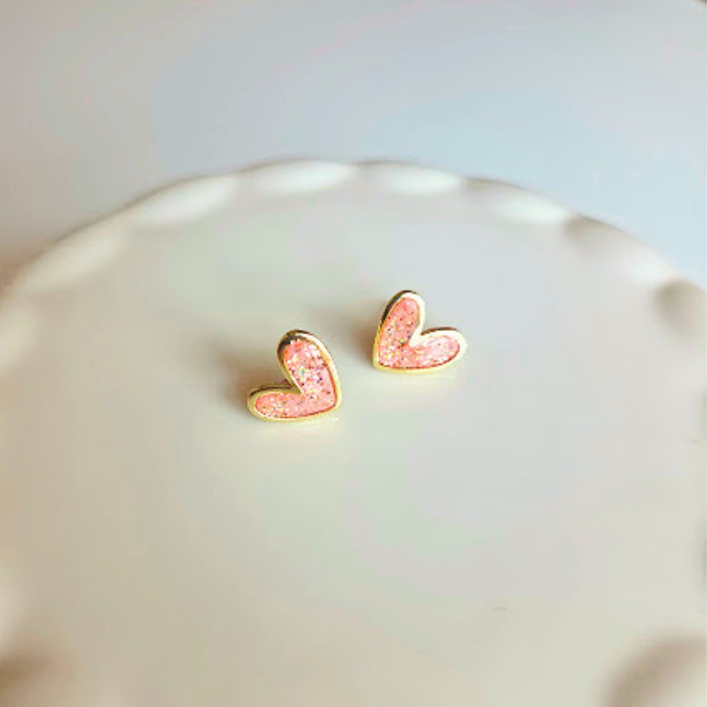 Pink Champagne Glitter Polymer Clay and Brass Heart Stud Earrings