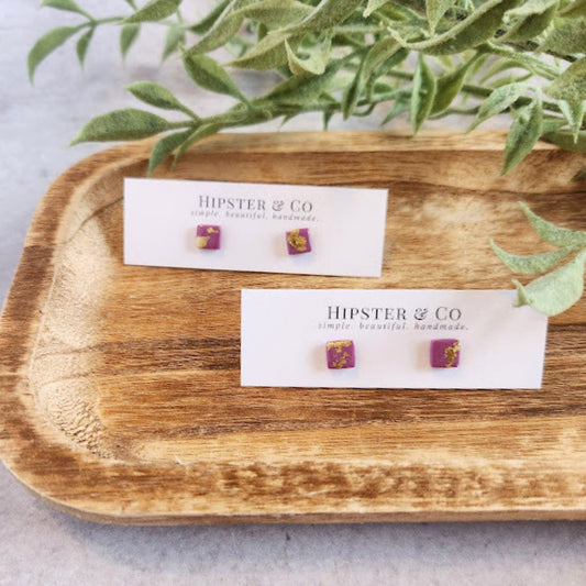 Purple and Gold Square Stud Earrings