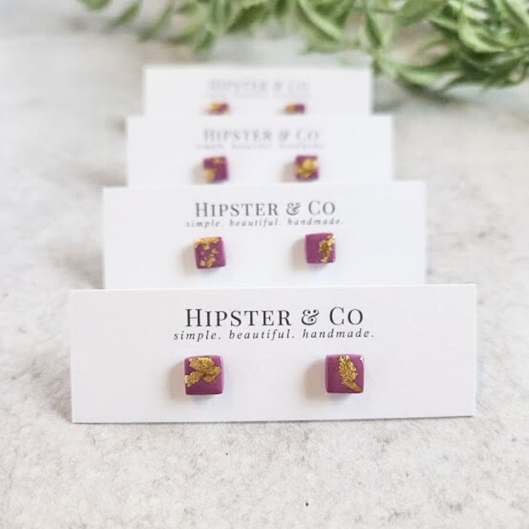 Purple and Gold Square Stud Earrings