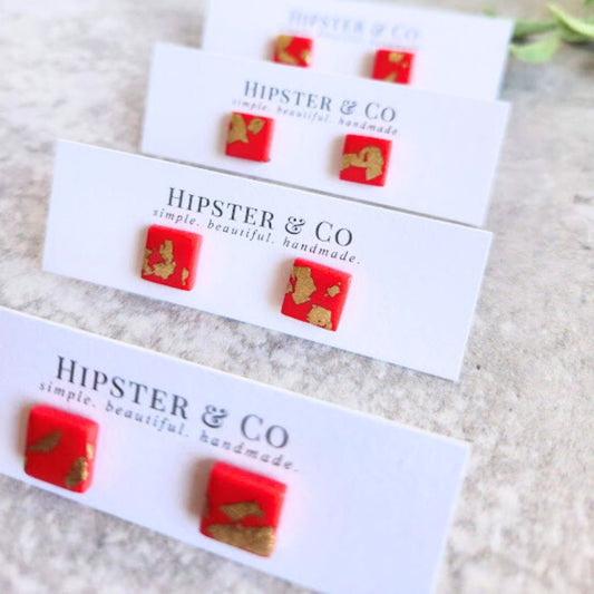 Raspberry and Gold Square Stud Earrings