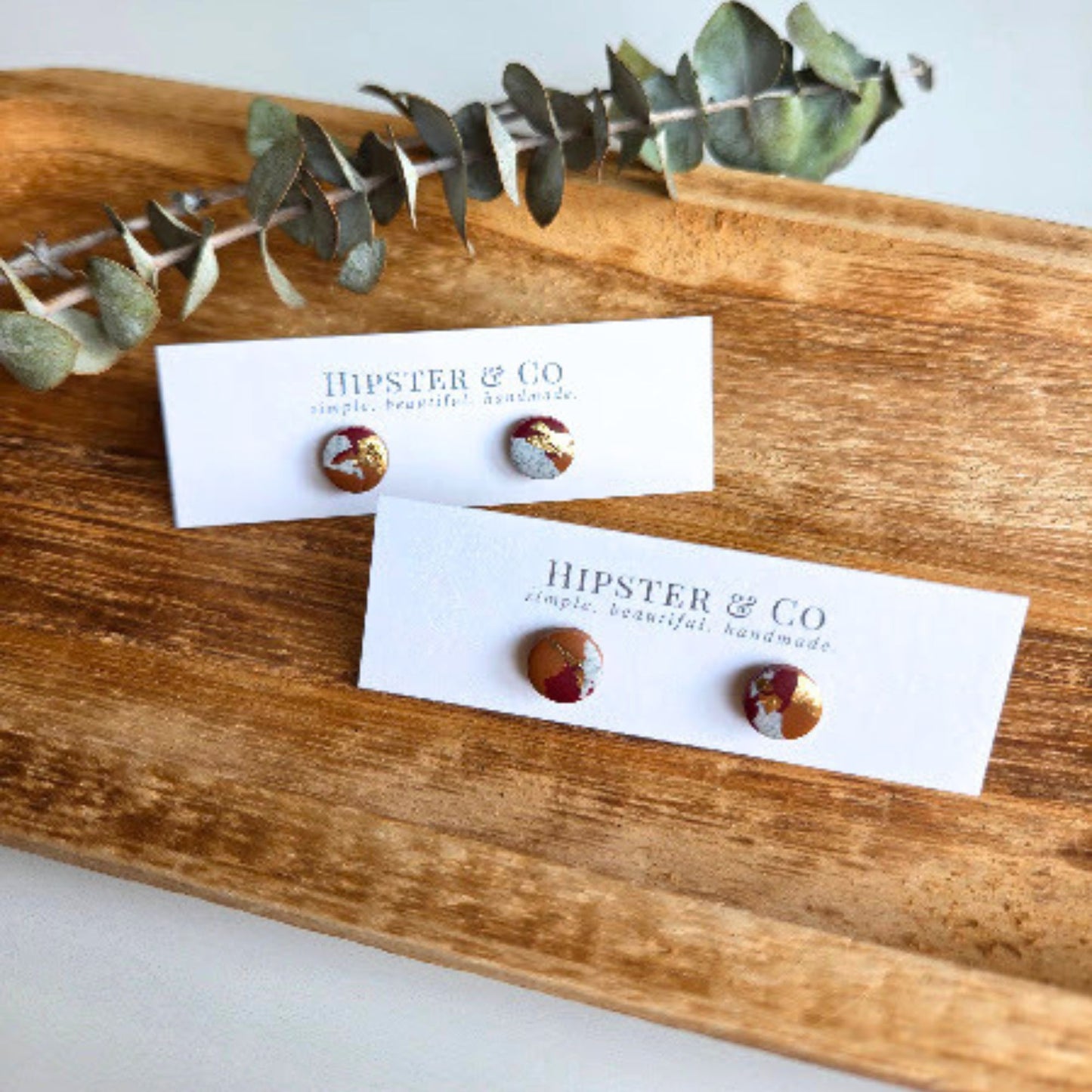 Red, Brown, and Grey Mini Round Stud Earrings